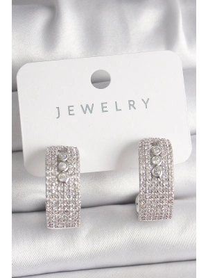 Pirinç Gümüş Renk Zirkon Taşlı Halka Messika Model Kadın Küpe