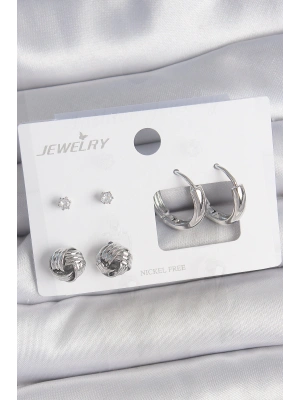 Pirinç Gümüş Renk Zirkon Taşlı Halka Model 3 Çift Kadın Küpe Seti