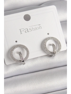 Pirinç Gümüş Renk Zirkon Taşlı Halka Model Kadın Küpe