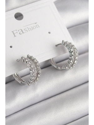 Pirinç Gümüş Renk Zirkon Taşlı Halka Model Kadın Küpe