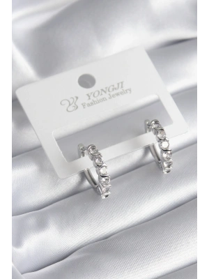 Pirinç Gümüş Renk Zirkon Taşlı Halka Model Kadın Küpe