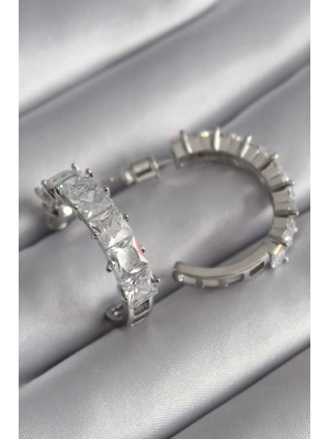 Pirinç Gümüş Renk Zirkon Taşlı Halka Model Kadın Küpe