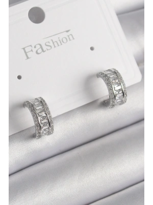 Pirinç Gümüş Renk Zirkon Taşlı Halka Model Kadın Küpe