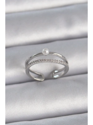 Pirinç Gümüş Renk Zirkon Taşlı İnci Detay Ayarlanabilir Model Kadın Yüzük