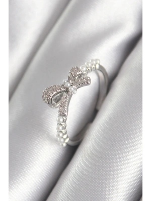 Pirinç Gümüş Renk Zirkon Taşlı İnci Detay Kadın Yüzük