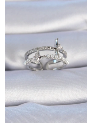 Pirinç Gümüş Renk Zirkon Taşlı İnci Detay Kutup Yıldızı Model Kadın Yüzük