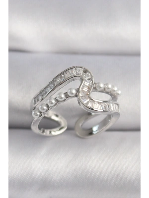 Pirinç Gümüş Renk Zirkon Taşlı İnci Detay VIP Seri Kadın Yüzük