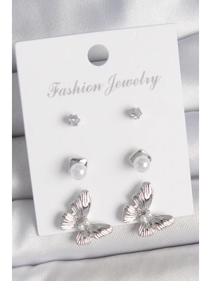 Pirinç Gümüş Renk Zirkon Taşlı İnci Detaylı Kelebek Model 3 Çift Kadın Küpe Seti