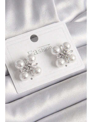 Pirinç Gümüş Renk Zirkon Taşlı İncili Kadın Küpe