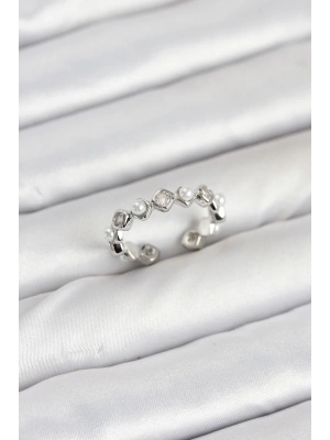 Pirinç Gümüş Renk Zirkon Taşlı İncili Kadın Yüzük