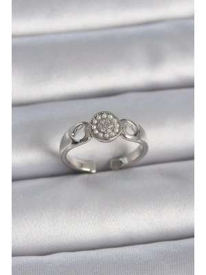 Pirinç Gümüş Renk Zirkon Taşlı İncili Kalp İşleme Detay Ayarlanabilir Model Kadın Yüzük