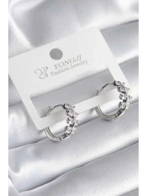 Pirinç Gümüş Renk Zirkon Taşlı Kadın Küpe