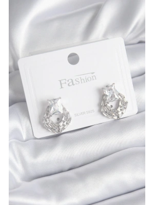 Pirinç Gümüş Renk Zirkon Taşlı Kadın Küpe