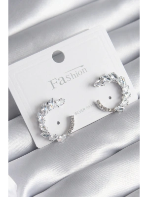 Pirinç Gümüş Renk Zirkon Taşlı Kadın Küpe