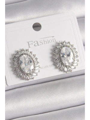 Pirinç Gümüş Renk Zirkon Taşlı Kadın Küpe