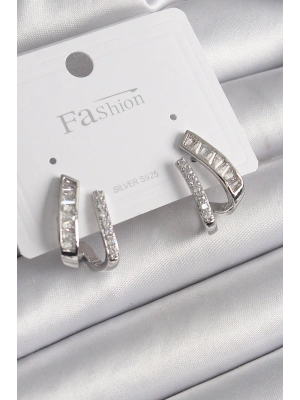 Pirinç Gümüş Renk Zirkon Taşlı Kadın Küpe