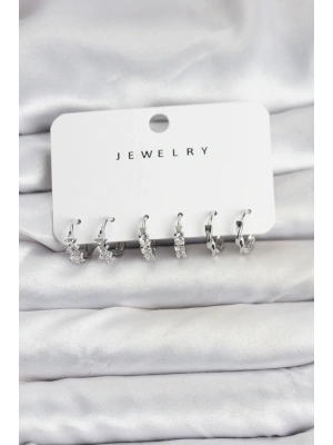 Pirinç Gümüş Renk Zirkon Taşlı Kadın Küpe Seti