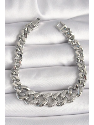 Pirinç Gümüş Renk Zirkon Taşlı Kalın Halka Model Kadın Bileklik