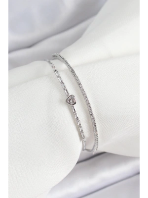 Pirinç Gümüş Renk Zirkon Taşlı Kalp Detaylı Kadın Bileklik