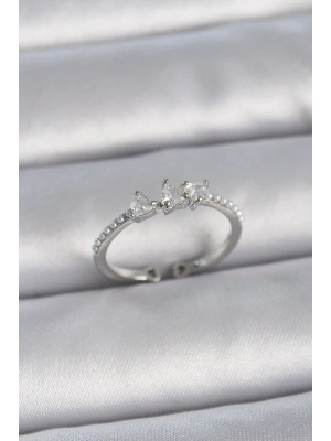 Pirinç Gümüş Renk Zirkon Taşlı Kalp İnci Detay Ayarlanabilir Model Kadın Yüzük