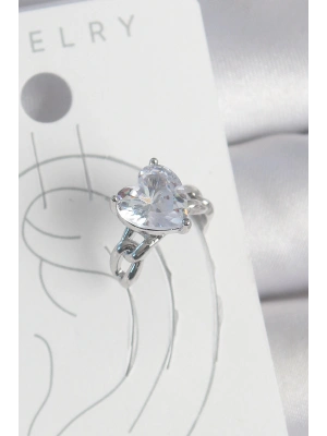 Pirinç Gümüş Renk Zirkon Taşlı Kalp Model Kadın Kıkırdak Küpe