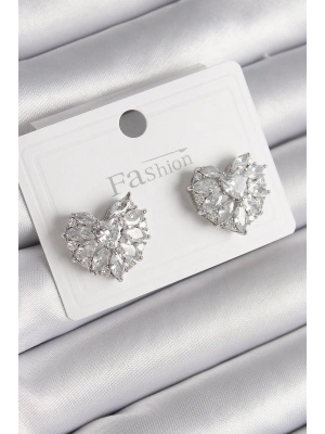 Pirinç Gümüş Renk Zirkon Taşlı Kalp Model Kadın Küpe