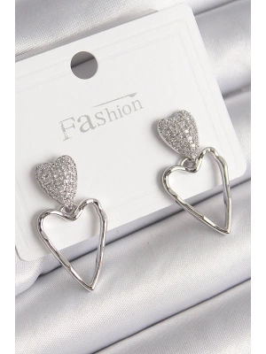 Pirinç Gümüş Renk Zirkon Taşlı Kalp Model Kadın Küpe