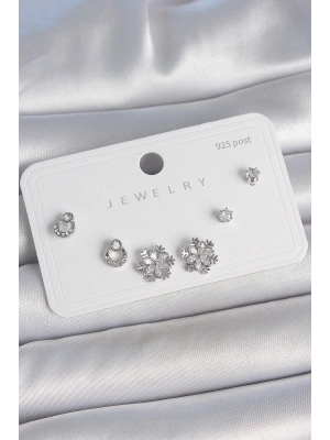 Pirinç Gümüş Renk Zirkon Taşlı Kar Tanesi Model 925 Ayar Gümüş Çivi Kadın Küpe Seti