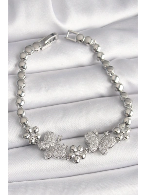 Pirinç Gümüş Renk Zirkon Taşlı Kelebek Figür Çiçek Zincir Model Kadın Bileklik