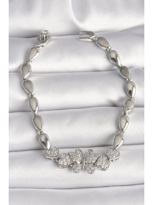 Pirinç Gümüş Renk Zirkon Taşlı Kelebek Figür Damla Zincir Model Kadın Bileklik