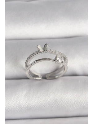 Pirinç Gümüş Renk Zirkon Taşlı Kelebek Figürlü Ayarlanabilir Yüzük