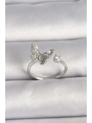 Pirinç Gümüş Renk Zirkon Taşlı Kelebek Model İnci Detay Ayarlanabilir Yüzük