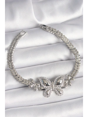 Pirinç Gümüş Renk Zirkon Taşlı Kelebek Model Kadın Bileklik