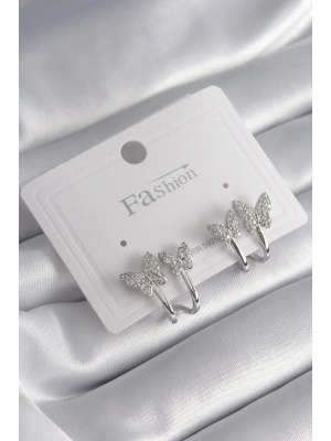 Pirinç Gümüş Renk Zirkon Taşlı Kelebek Model Kadın Küpe