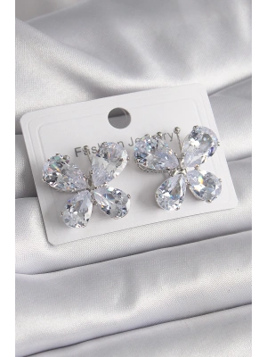 Pirinç Gümüş Renk Zirkon Taşlı Kelebek Model Kadın Küpe