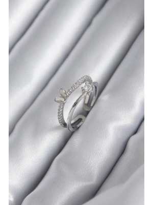 Pirinç Gümüş Renk Zirkon Taşlı Kelebek Model Kadın Yüzük