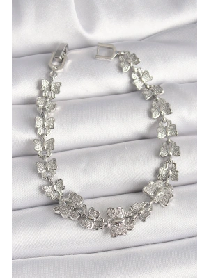 Pirinç Gümüş Renk Zirkon Taşlı Kelebek Model Zincir Kadın Bileklik