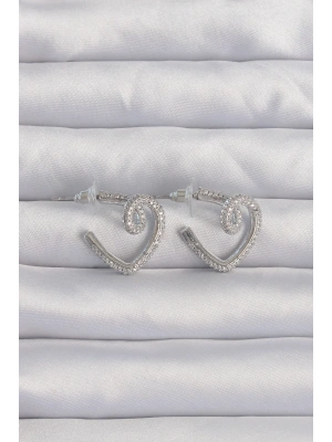 Pirinç Gümüş Renk Zirkon Taşlı Kıvrımlı Yarım Kalp Küpe