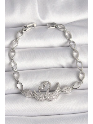 Pirinç Gümüş Renk Zirkon Taşlı Kuğu Figür Damla Zincir Model Kadın Bileklik