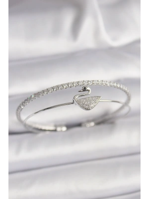 Pirinç Gümüş Renk Zirkon Taşlı Kuğu Model Kadın Bileklik