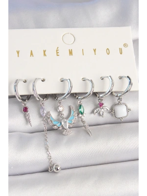 Pirinç Gümüş Renk Zirkon Taşlı Kuş Figür Çiçek Detay 6Lı Kadın Kombin Küpe