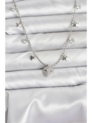 Pirinç Gümüş Renk Zirkon Taşlı Kutup Yıldızı Model Kadın Kolye