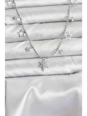 Pirinç Gümüş Renk Zirkon Taşlı Kutup Yıldızı Model Kadın Kolye