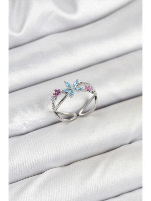 Pirinç Gümüş Renk Zirkon Taşlı Mavi Çiçekli Kadın Yüzük