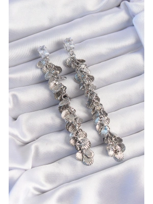 Pirinç Gümüş Renk Zirkon Taşlı Minimal Deniz Kabuklu Sallantılı Küpe