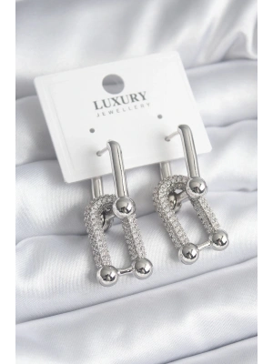 Pirinç Gümüş Renk Zirkon Taşlı Model VIP Seri Kadın Küpe