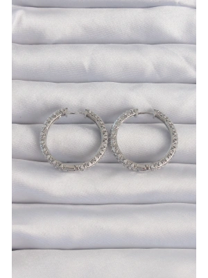 Pirinç Gümüş Renk Zirkon Taşlı Motifli Halka Küpe