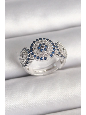 Pirinç Gümüş Renk Zirkon Taşlı Nazar Boncuk Model Ayarlanabilir Kadın Yüzük