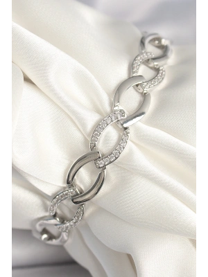 Pirinç Gümüş Renk Zirkon Taşlı Oval Zincir Model Kadın Bileklik