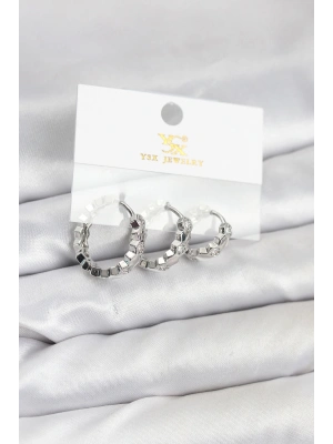 Pirinç Gümüş Renk Zirkon Taşlı Petek Halka Model YSX Trio Küpe Seti